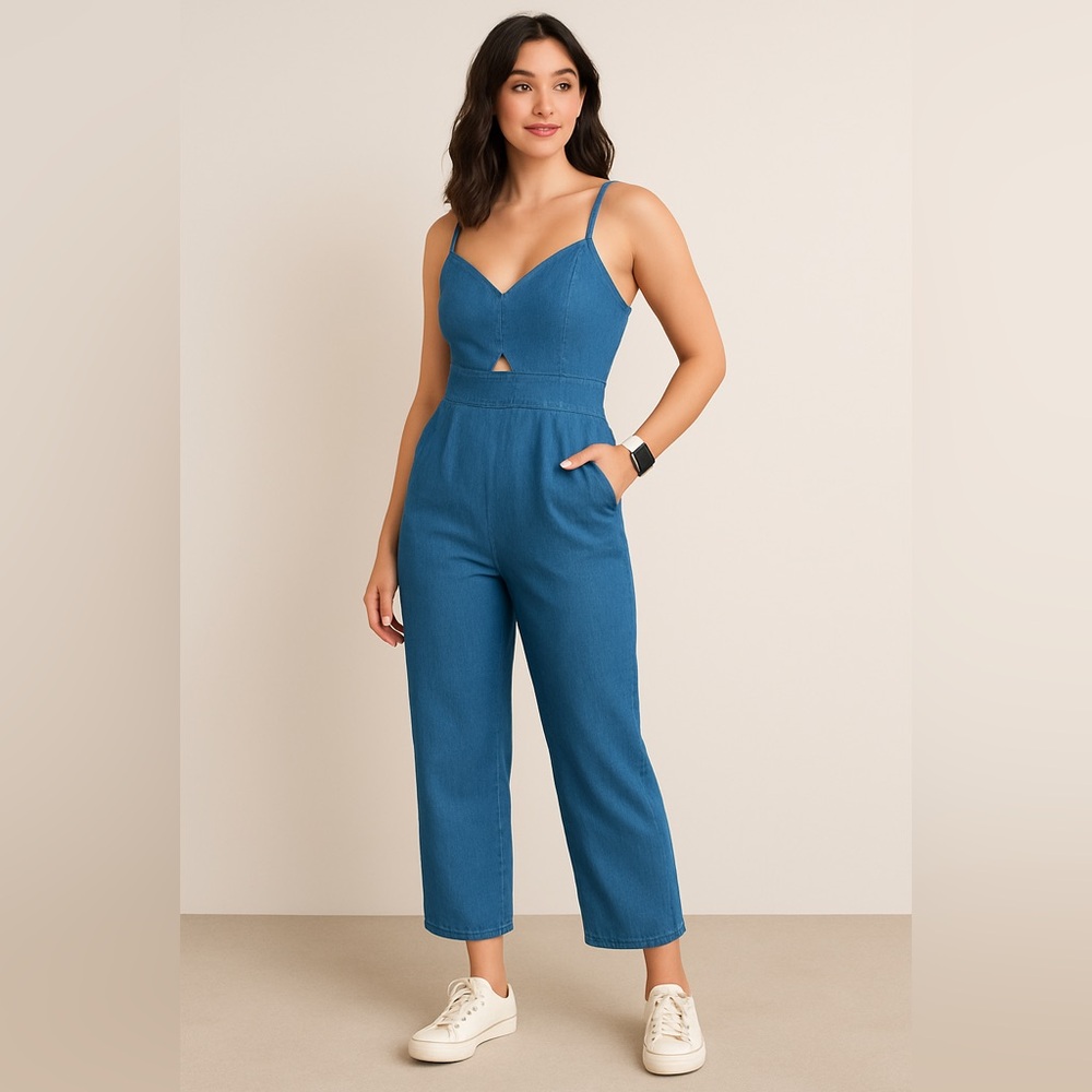 Blue Sleeveless Jumpsuit with Sweetheart Neckline